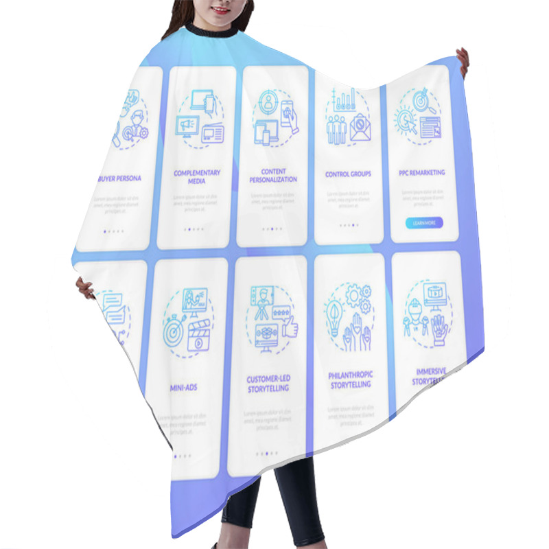 Personality  Multichannel Marketing Onboarding Mobile App Page Screen With Concepts Set. Media And Content Coordination Walkthrough 5 Steps Graphic Instructions. UI Vector Template With RGB Color Illustrations Hair Cutting Cape