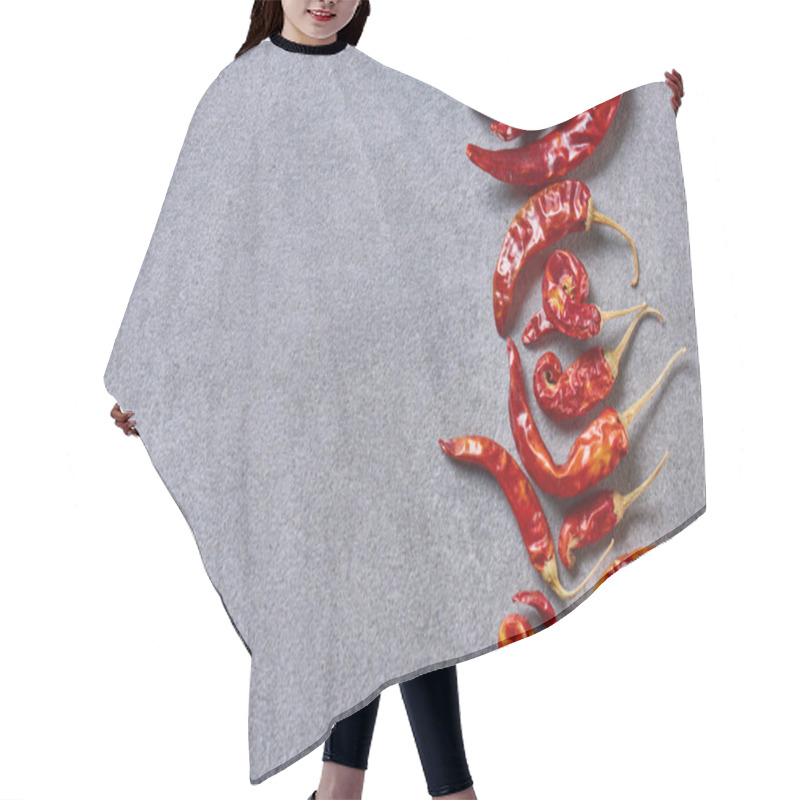 Personality  Top View Of Red Dried Chili Peppers Arranged On Grey Tabletop Hair Cutting Cape