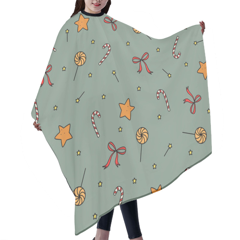 Personality  Colorful Festive Pattern Featuring Candy, Stars, And Ribbons On A Muted Green Background Hair Cutting Cape