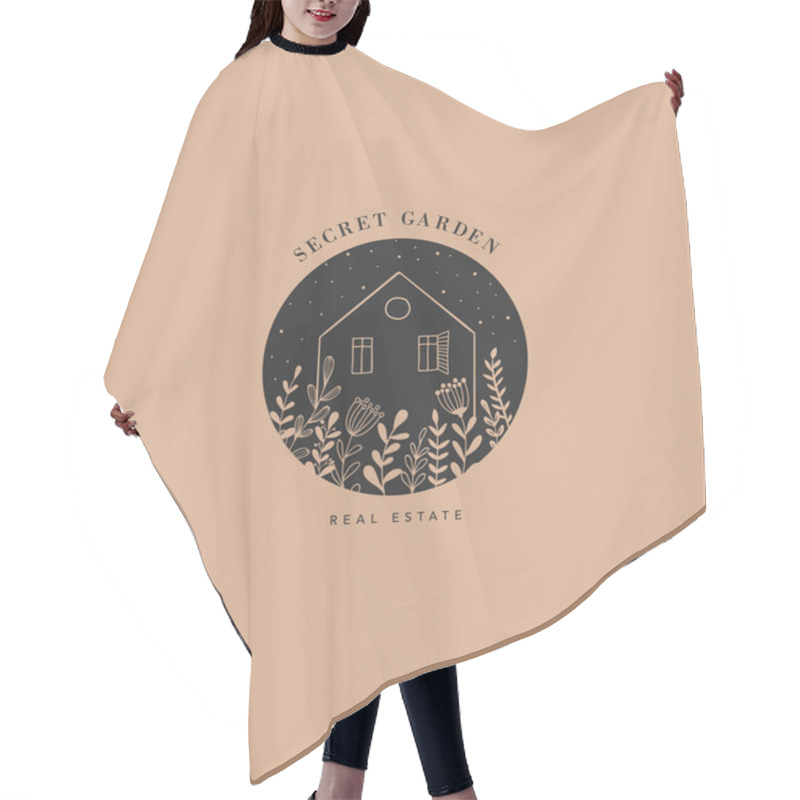 Personality  Hand Drawn Home, House With Garden Logo, Icon. Hair Cutting Cape