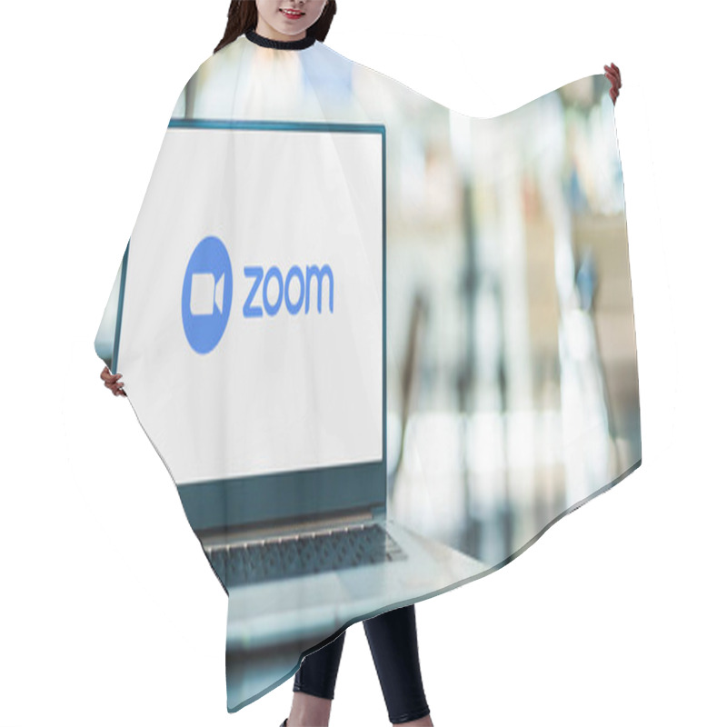 Personality  POZNAN, POL - SEP 23, 2020: Laptop Computer Displaying Logo Of Zoom, Videotelephony And Online Chat Services Through A Cloud-based Peer-to-peer Software Platform Hair Cutting Cape