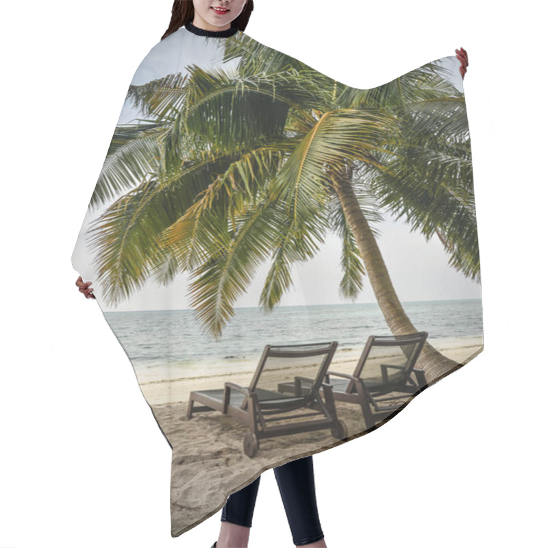 Personality  Chairs Under Palm Tree On Beach On Maldives. Tropical Holiday Consept Hair Cutting Cape