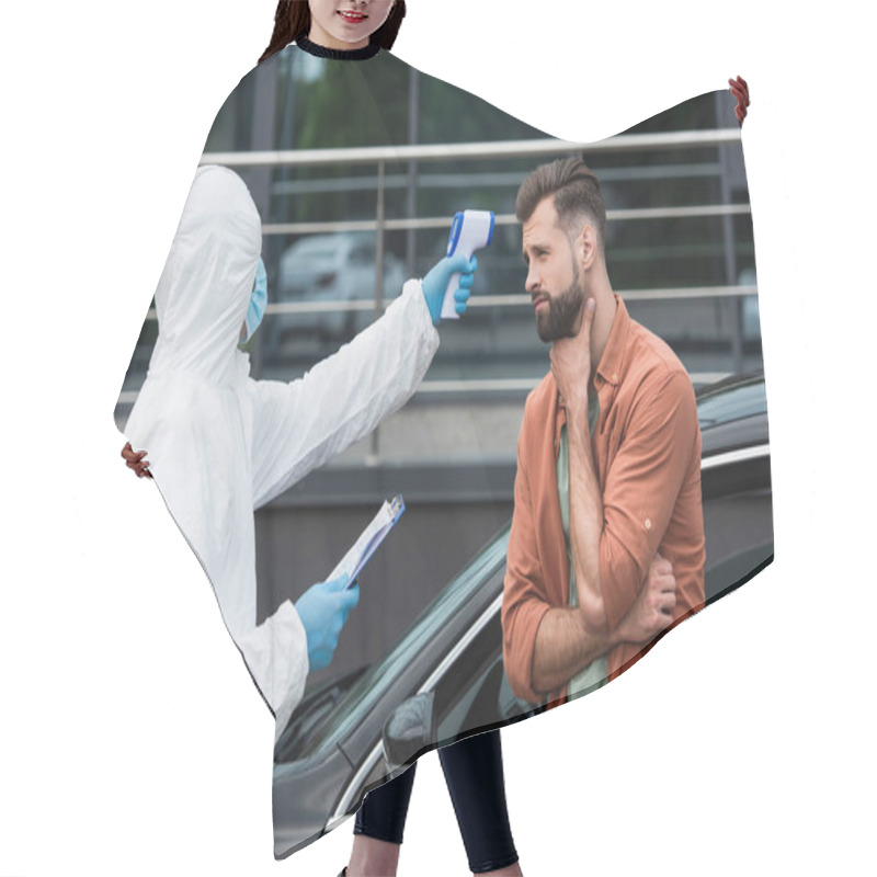 Personality  Medical Worker Checking Temperature Of Sick Driver Near Car Outdoors  Hair Cutting Cape