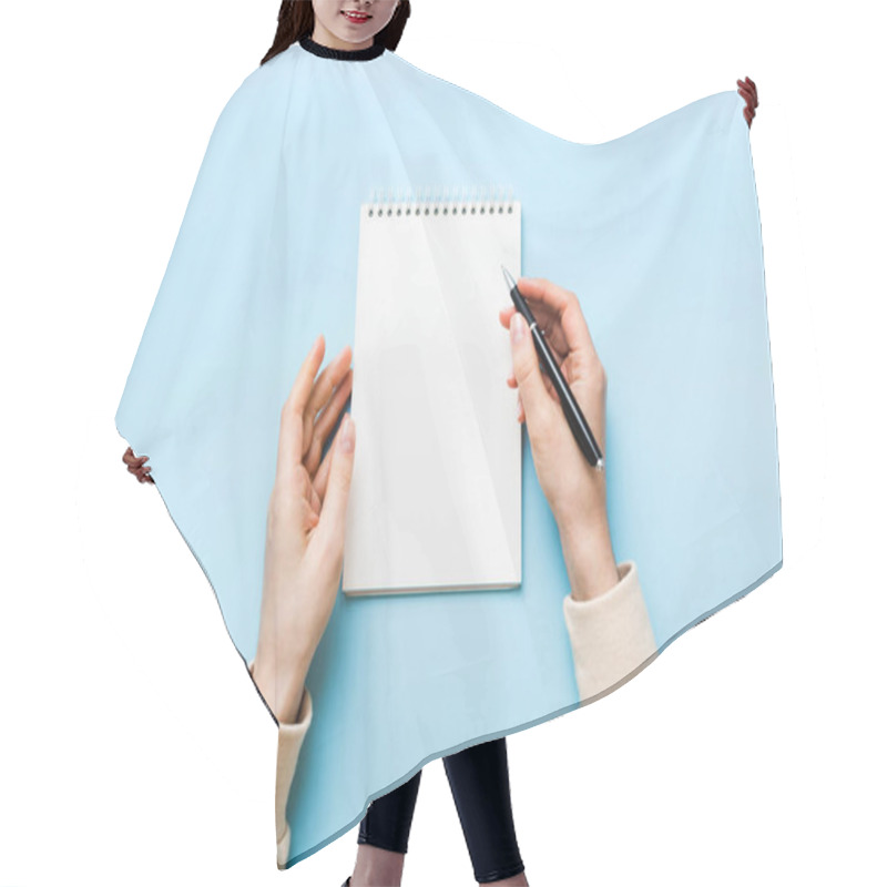 Personality  Woman Hand With Pencil Writing On Notebook. Woman Working On Office Table. Female Hand Holding Pencil And Sketchbook. Mock-up Concept. Hair Cutting Cape