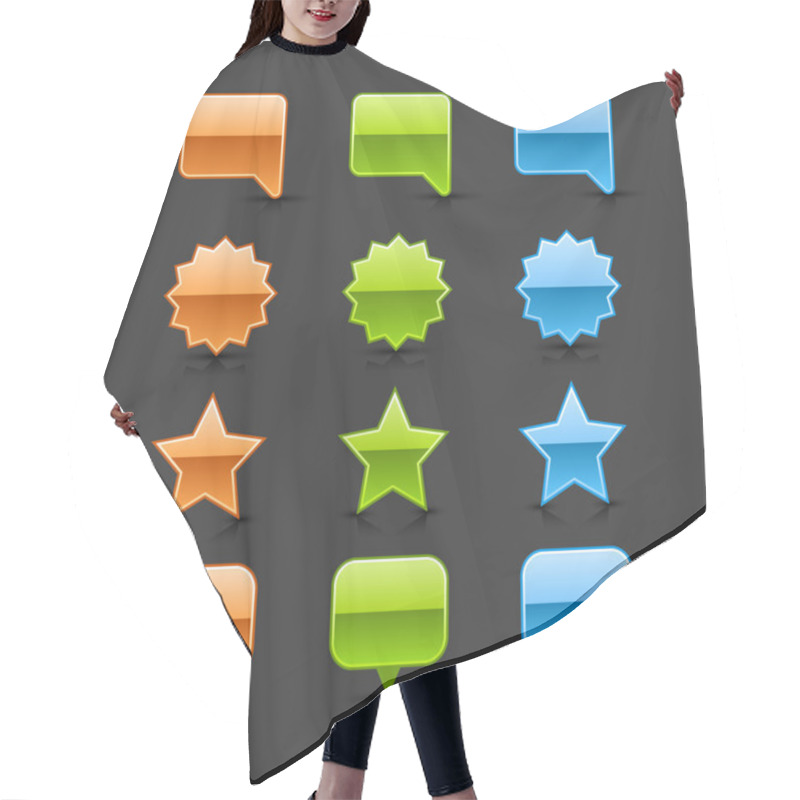 Personality  Colored Glossy Web 2.0 Button Speech Bubble, Round Label, Star And Map Pin Icons With Black Shadow And Dark Reflection On Gray Background Hair Cutting Cape