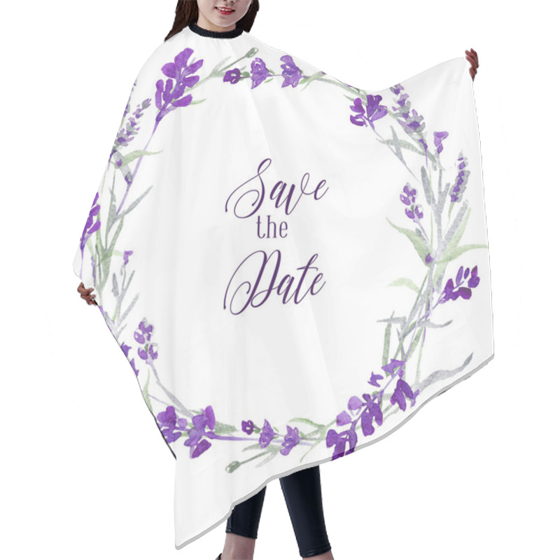 Personality  Watecolor Lavender Delicate Floral Wreath On White Background With Message Save The Date. Blue Flowers And Green Leaves.. Invitation Card Design. Hair Cutting Cape