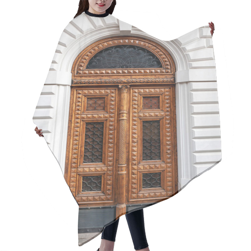 Personality  Details Of European Style Classic Old-fashion Elegant Wood Carving Door Panels Made Of Wood And Decorated With Wrought Iron At A White Concrete Building In Rome, Italy Hair Cutting Cape