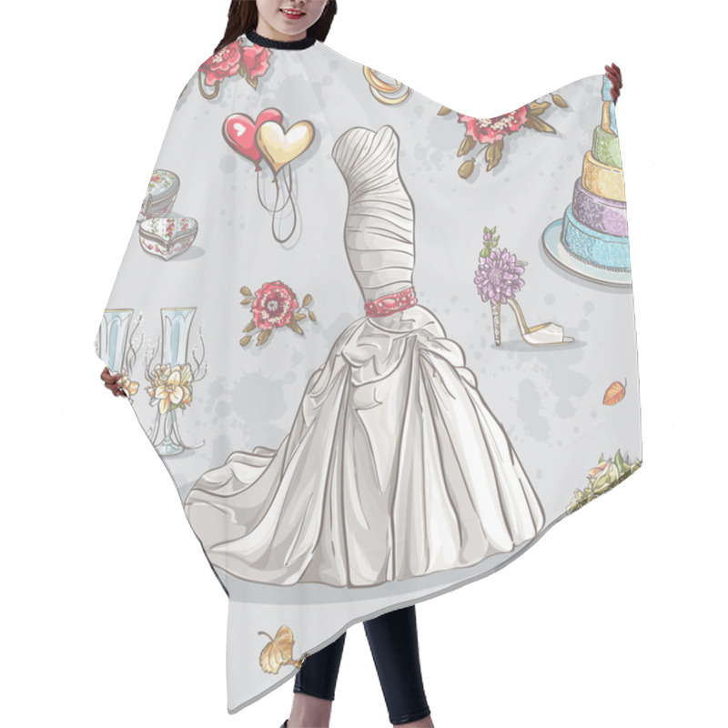 Personality  Seamless Texture With The Image Of Wedding Dresses, Glasses, Rings, Cake And Other Items. Hair Cutting Cape