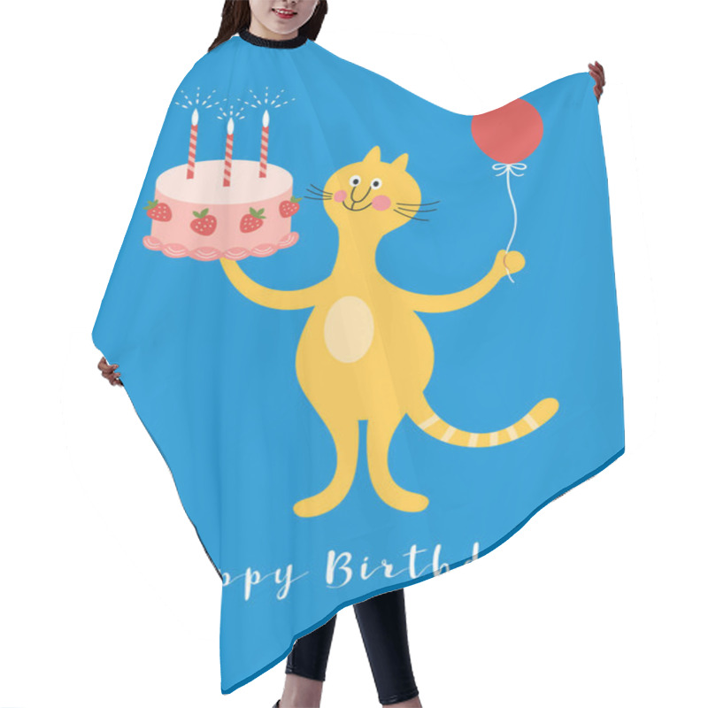 Personality  Happy Birthday Card. Cute Cat With Cake And Ballon. Three Year Old Birthday Hair Cutting Cape