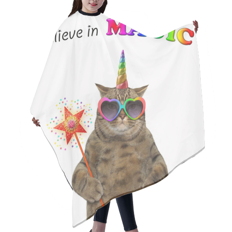 Personality  The Cat Unicorn In Glasses Is Holding A Magic Wand. Believe In Magic. White Background. Hair Cutting Cape