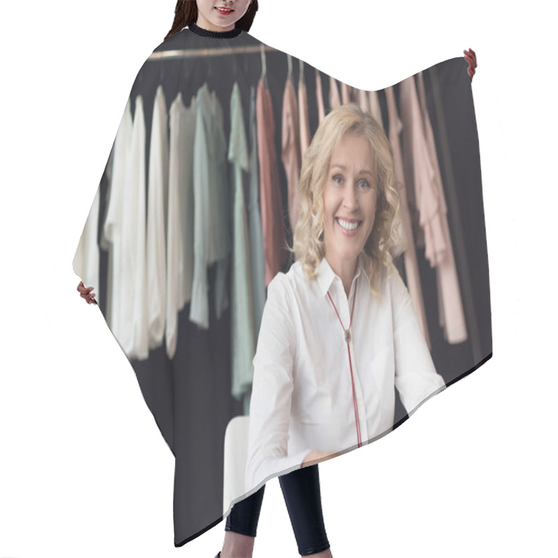 Personality  Businesswoman Choosing Fabric Samplers Hair Cutting Cape