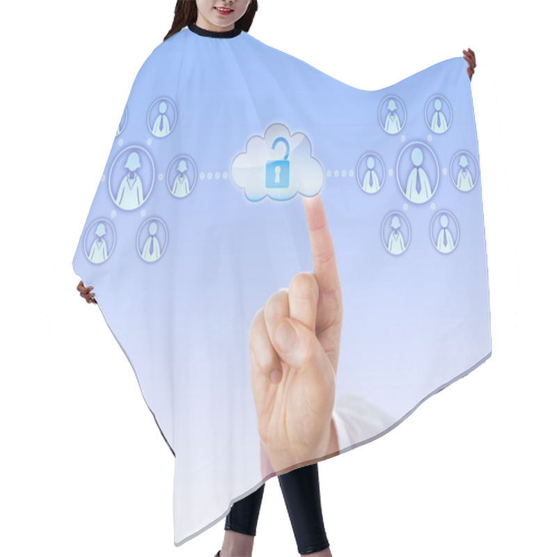 Personality  Finger Unlocking Access To Two Remote Work Teams In The Cloud By Touch. Each Group Of White Collar Workers Consists Of Female And Male Employees And A Team Leader. Concept For Teamwork In Cyberspace. Hair Cutting Cape