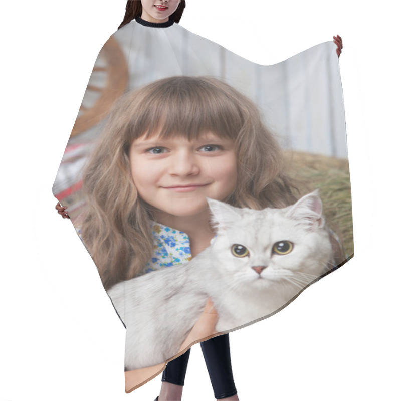 Personality  Portrait Of Sincere Girl Villager With Cat On Hands In Barn Hair Cutting Cape