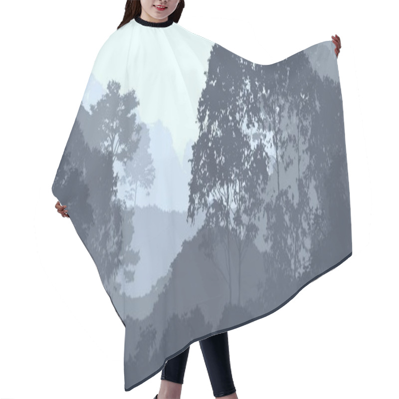 Personality  Abstract Background With Foggy Hills And Trees Silhouettes With Forest Haze. Hair Cutting Cape