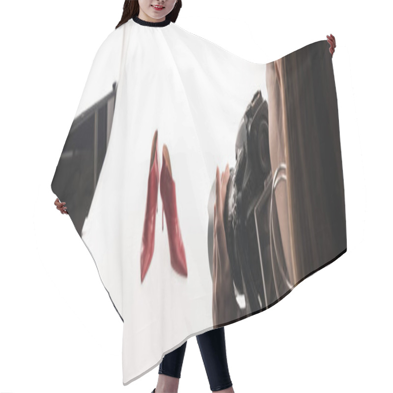 Personality  Cropped View Of Commercial Photographer Making Commercial Photo Shoot Of Female Red Heel Shoes On White, Panoramic Shot Hair Cutting Cape