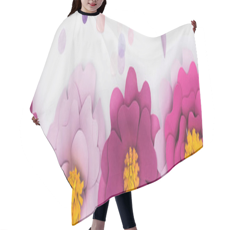 Personality  Top View Of Paper Cut Pink And Violet Flowers Near Confetti Isolated On White, Panoramic Shot Hair Cutting Cape