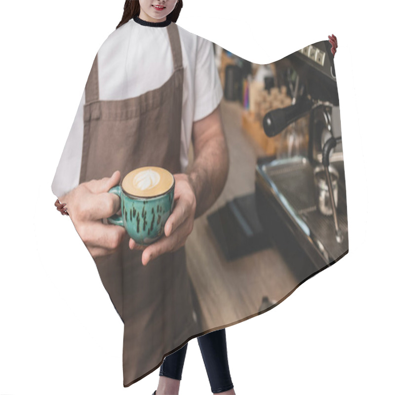 Personality  Cropped View Of Barista In Apron Holding Cappuccino Cup While Working In Coffee Shop Hair Cutting Cape