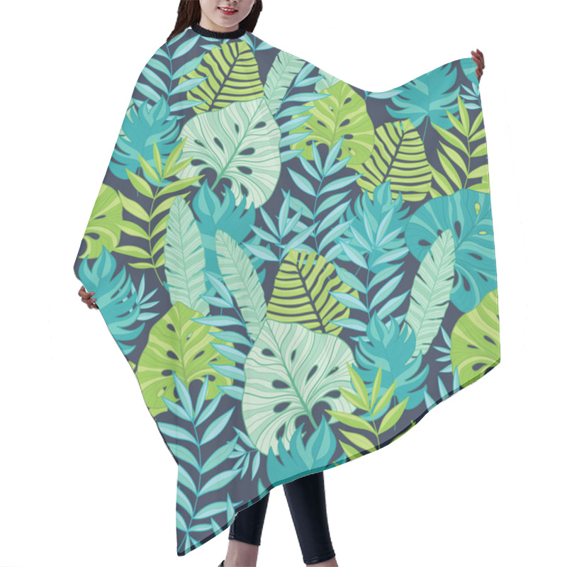 Personality  Vector Green And Navy Blue Scattered Tropical Summer Hawaiian Seamless Pattern With Tropical Green Plants And Leaves On Dark Background. Great For Vacation Themed Fabric, Wallpaper, Packaging. Hair Cutting Cape