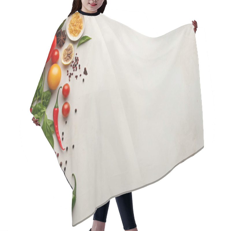 Personality  Vegetables On The Gray Table. Top View With Copy Space. Flat Lay Hair Cutting Cape