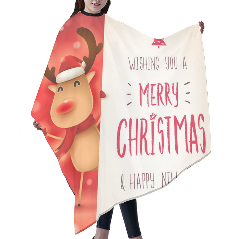 Personality  The Red-nosed Reindeer With Big Signboard. Merry Christmas Calligraphy Lettering Design. Creative Typography For Holiday Greeting. Hair Cutting Cape