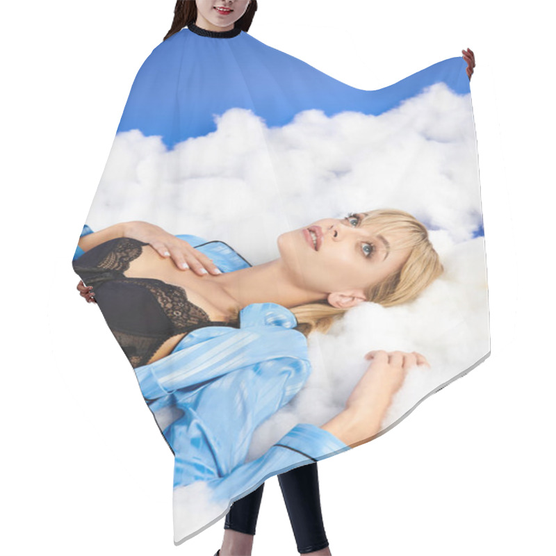 Personality  A Serene Woman With Closed Eyes Reclines On A Fluffy Cloud Amidst A Heavenly Sky. Hair Cutting Cape