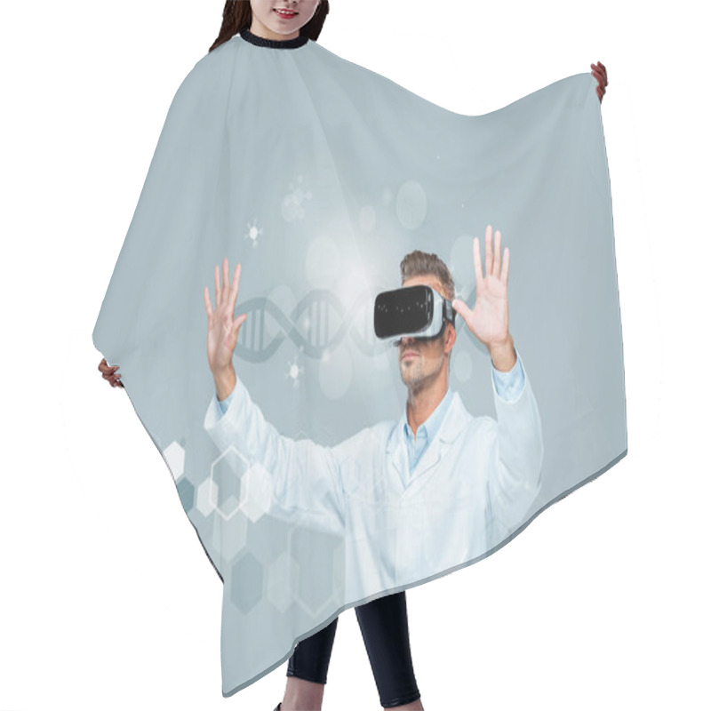 Personality  Scientist In Virtual Reality Headset Touching Dna Interface In Air Isolated On Grey, Artificial Intelligence Concept Hair Cutting Cape