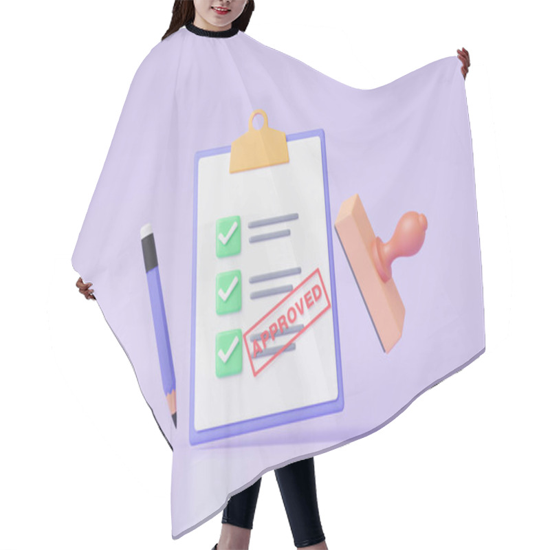 Personality  Minimal Cartoon Cute Smooth Checklist Icon On Clipboard Paper Approved Stamp Assurance Guarantee Quality Customer Information Business Document Correct Mark. 3d Render Illustration Hair Cutting Cape