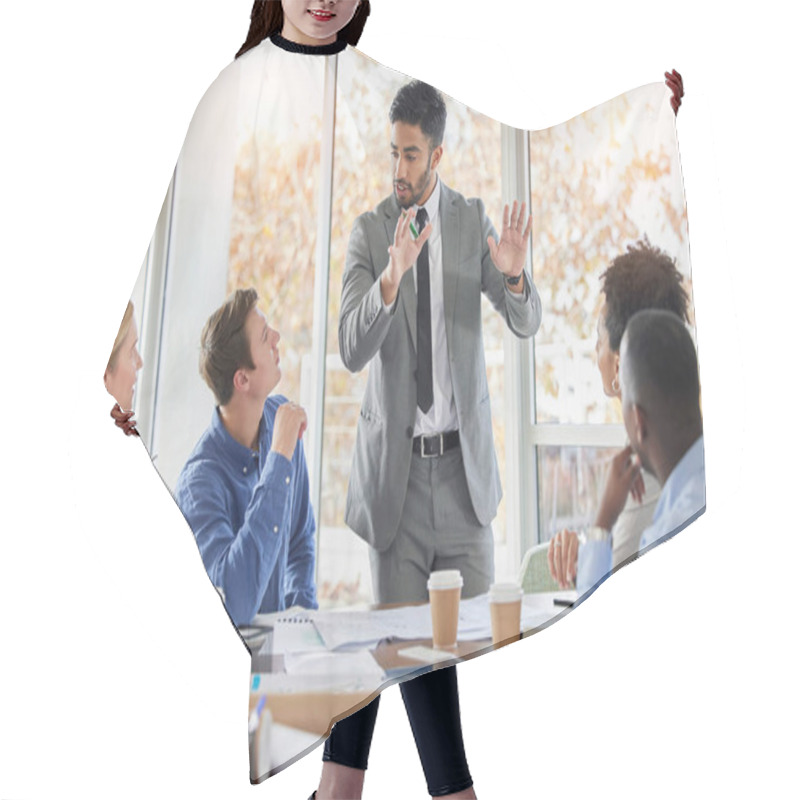 Personality  Businessman, Presentation And Coaching In Meeting, Planning Or Brainstorming In Team Strategy At Office. Man Or Speaker Talking To Business People, Training Staff Or Project Plan Ideas In Leadership. Hair Cutting Cape