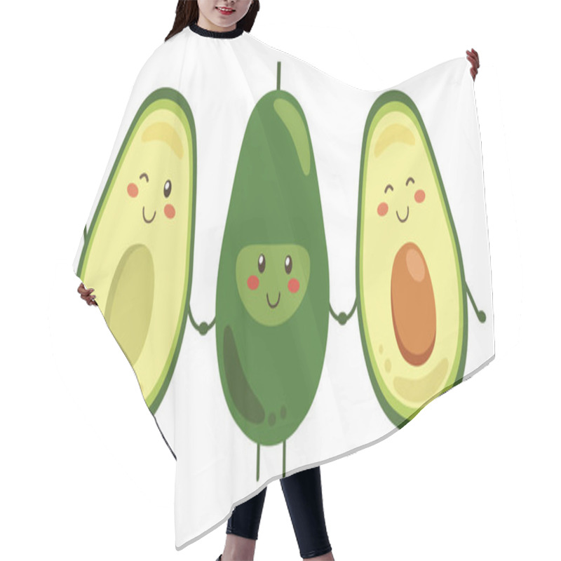 Personality  Set Of Vector Fruit Smiling Characters Holding Hands Isolated On White Background. Whole And Cut In Half Avocado With Pit. Kawaii Style. Friends Forever Hair Cutting Cape