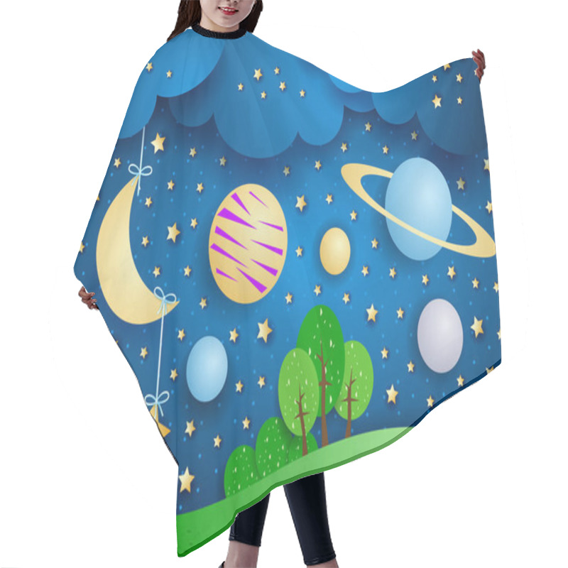 Personality  Surreal Landscape With Hanging Moon And Planets. Vector Illustration  Hair Cutting Cape