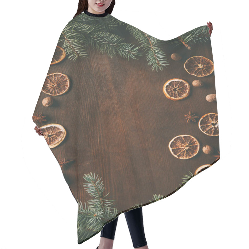 Personality  Top View Of Frame Made Of Dried Orange Slices, Pine Branches And Spices On Wooden Background Hair Cutting Cape