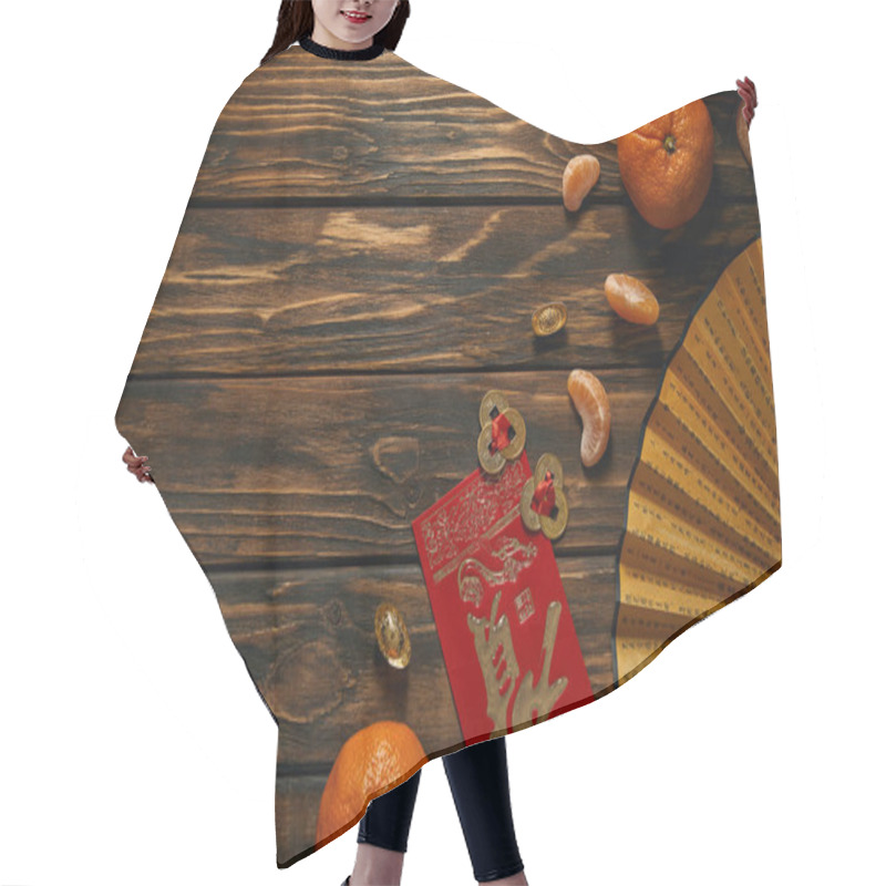 Personality  Top View Of Fresh Ripe Tangerines, Fan With Hieroglyphs And Golden Coins On Wooden Table Hair Cutting Cape