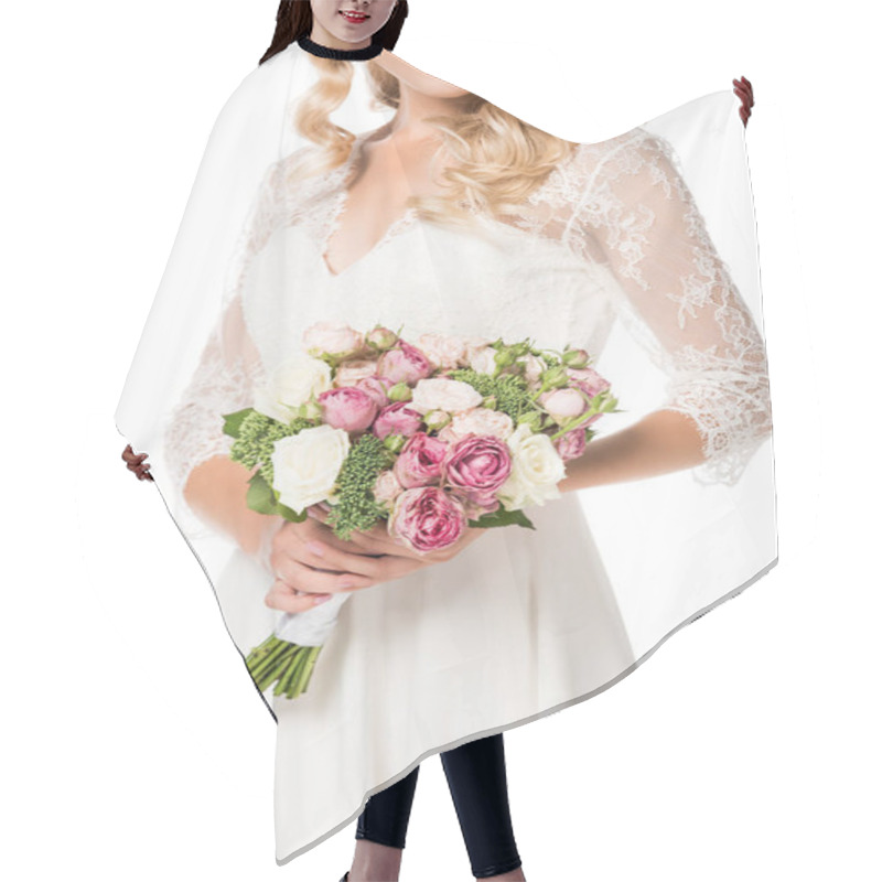 Personality  Cropped Shot Of Smiling Bride Holding Bouquet Isolated On White Hair Cutting Cape