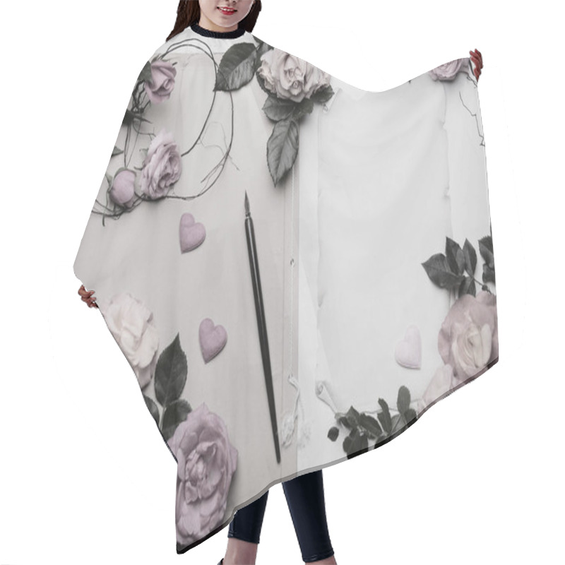 Personality  Aged Paper Sheets With Fresh Rose Flowers And Old Nib Pen Brush Hair Cutting Cape