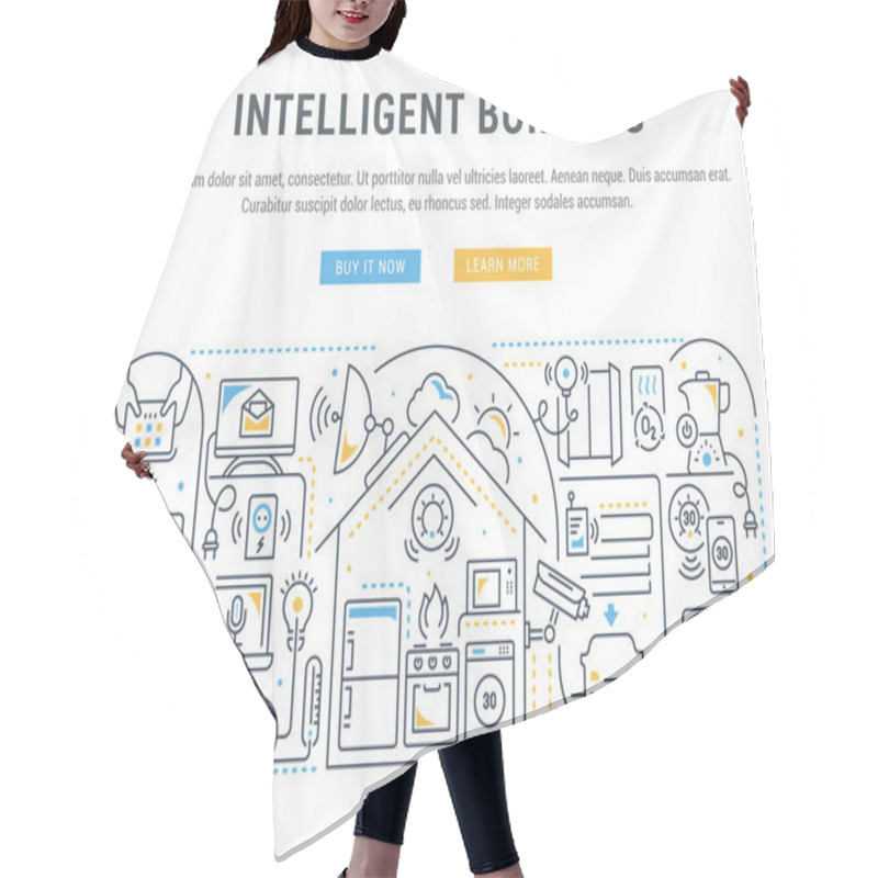 Personality  Line Banner Of Intelligent Building. Vector Illustration Of The Linear Concept Of The Smart Home. Hair Cutting Cape