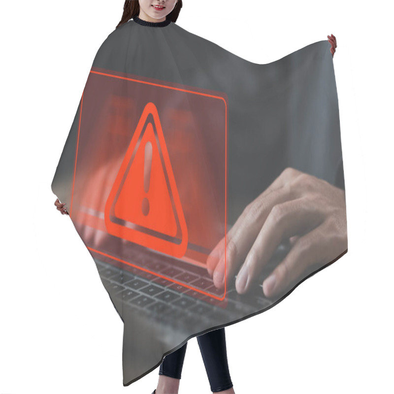 Personality  Laptop Shows A Warning Sign Of System Failure And Notification Spam. Concept Caution Danger If A Computer Is Attacked Cyber Error Symbol, Risk Of Website Technology Online,  Leak Of Software Data Hair Cutting Cape