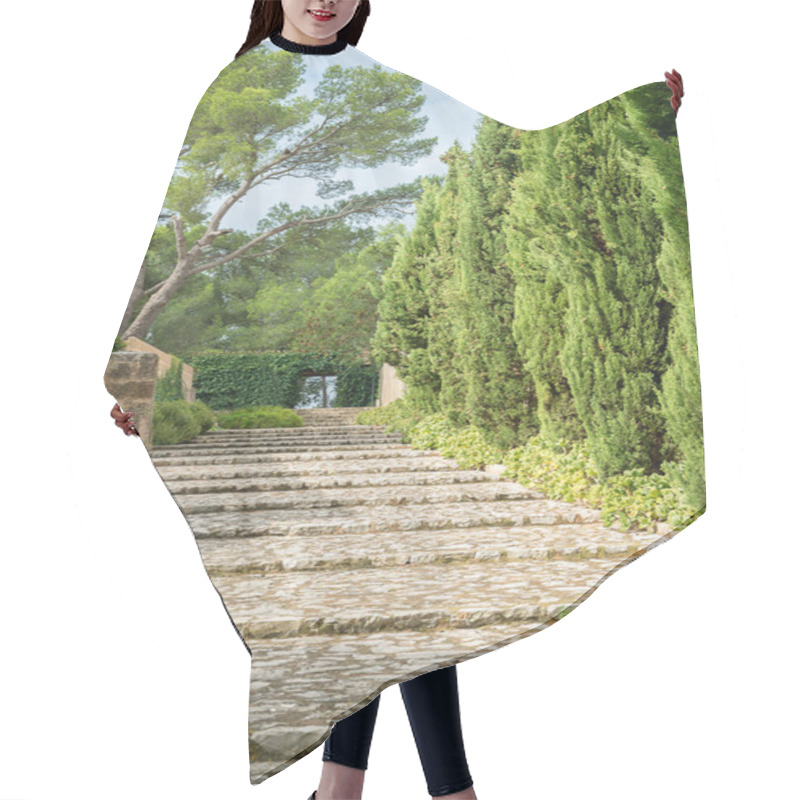 Personality  Stone Staircase With Trees In Park. Hair Cutting Cape