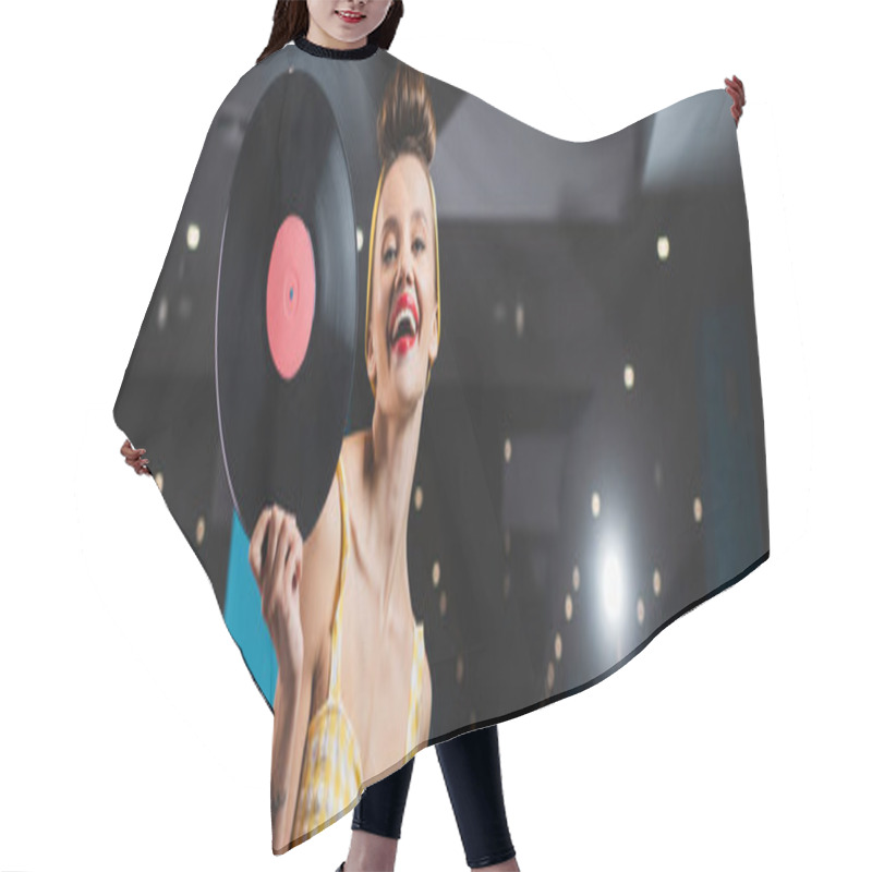 Personality  Happy Pin Up Woman With Red Lips Holding Retro Vinyl Disc, Banner Hair Cutting Cape