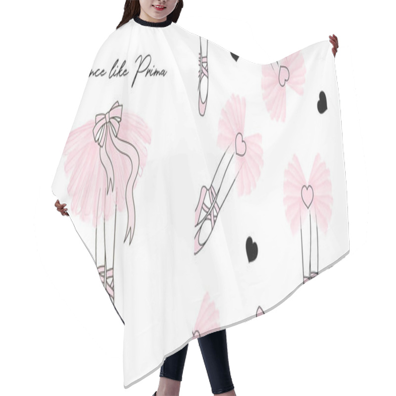 Personality  Design Set Of Print And Seamless Background With Dancing Ballerina Legs In Pointe Shoes And Pink Transparent Ballet Skirt. Hair Cutting Cape