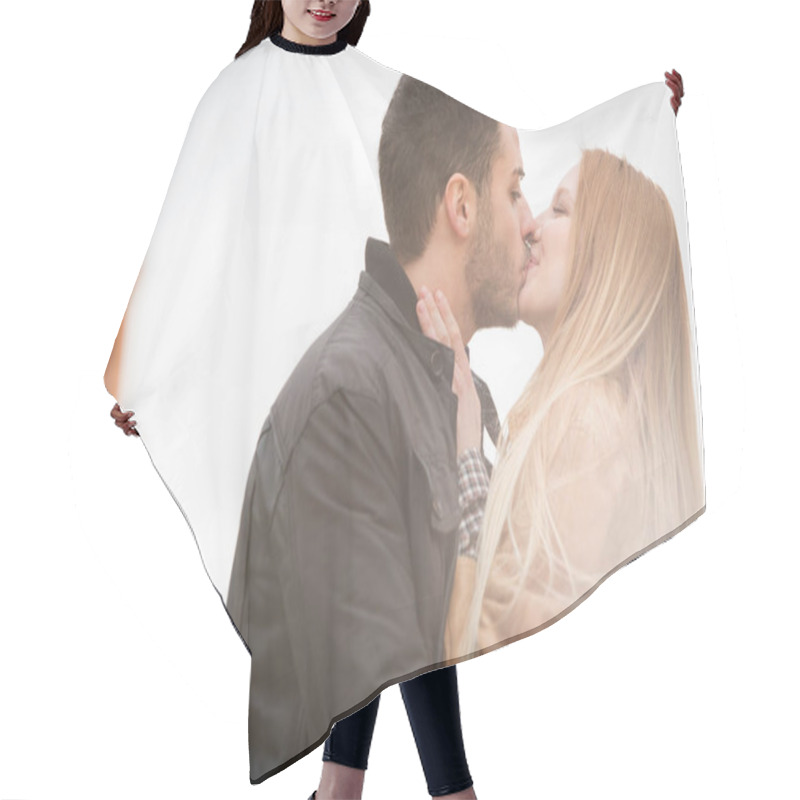 Personality  Woman Romantic Love Kiss Man In Urban City Hair Cutting Cape