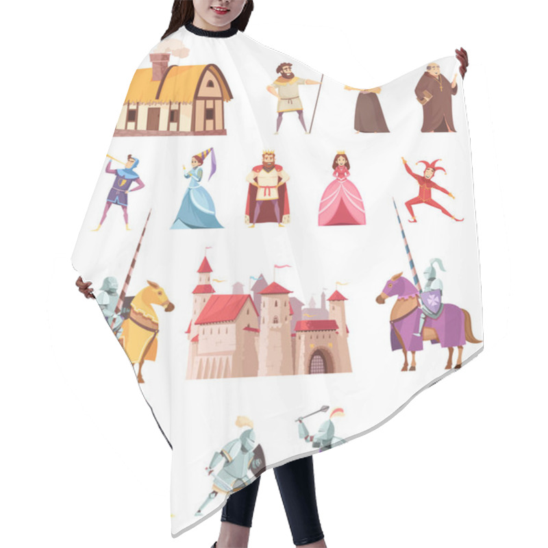 Personality  Medieval Characters Buildings Icons Set Hair Cutting Cape