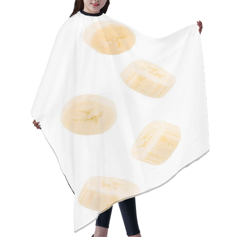 Personality  Flying Fresh Peeled Sliced Banana Fruits On White Background Hair Cutting Cape