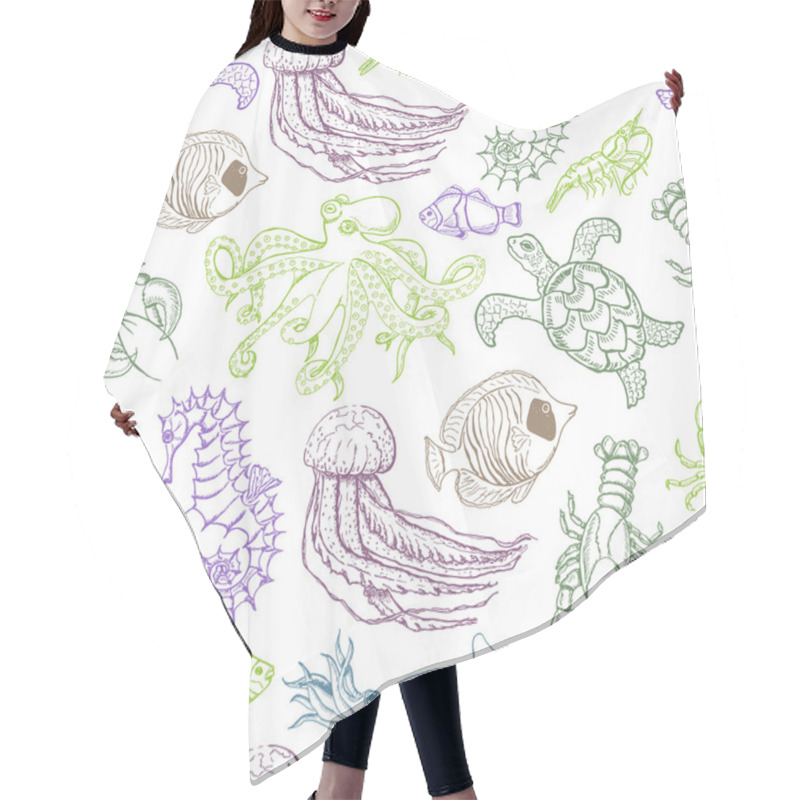 Personality  Seamless Pattern With Hand Drawn Sea Animals Hair Cutting Cape