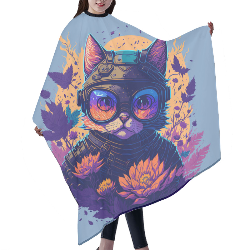 Personality  Futuristic Cat Head Illustration With Flower And Sunglasses On Clean Background. Vector Vintage Painting Style Design With Floral Elements For T-Shirt, Poster, Banner, Invitation Or Cover Hair Cutting Cape