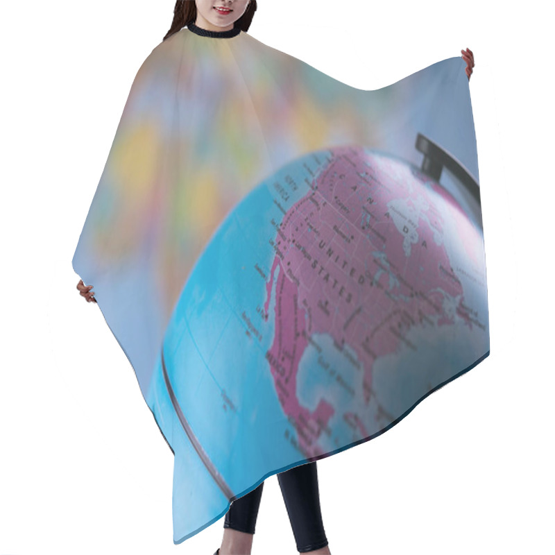 Personality  United States And Canada Map On A Globe With Earth Map In The Background. Hair Cutting Cape