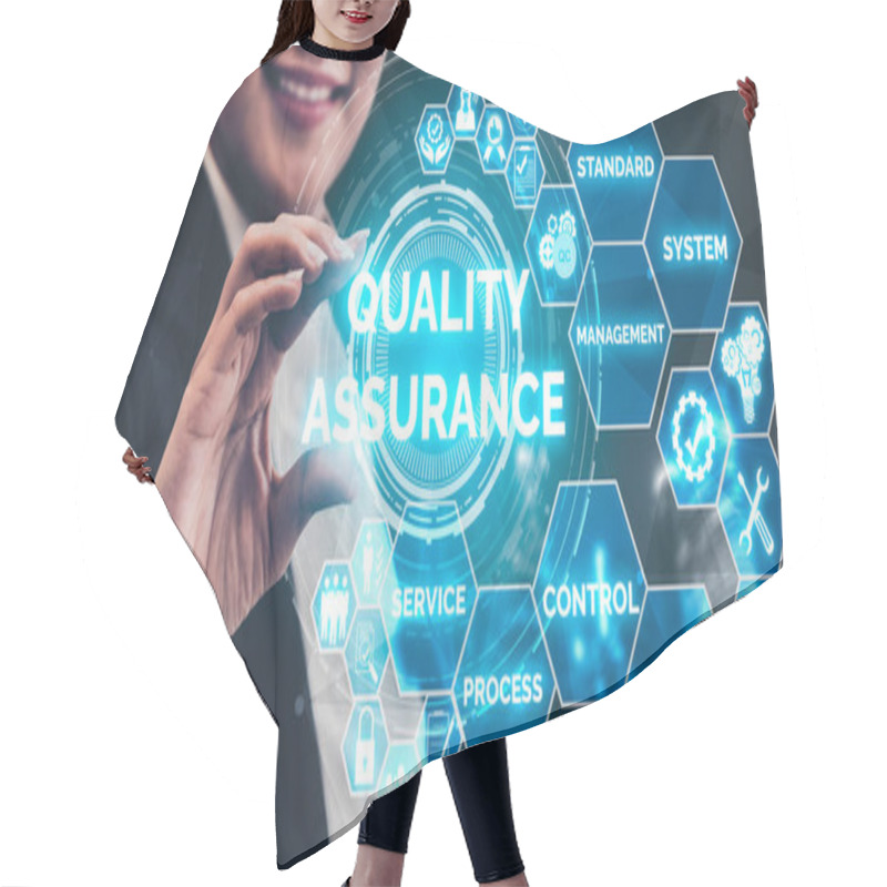 Personality  Quality Assurance And Quality Control Concept - Modern Graphic Interface Showing Certified Standard Process, Product Warranty And Quality Improvement Technology For Satisfaction Of Customer. Hair Cutting Cape