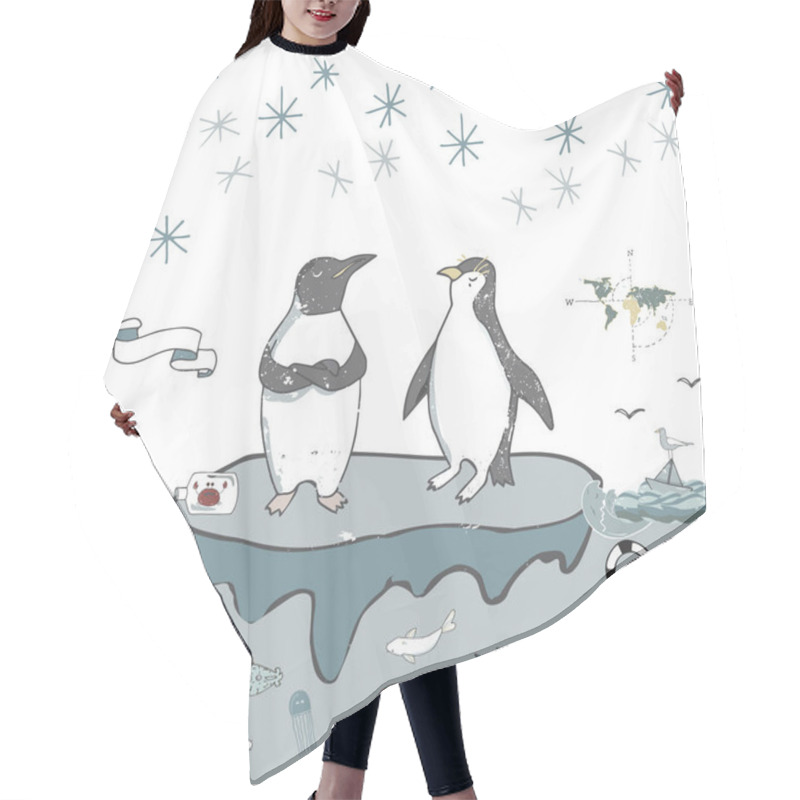 Personality  Penguins Ice Floe Vector Celebration Greeting Birthday Card Winter Mood Friendly School Xmas Day Letter Holidays Landscape Snow Flake, Cute Animal Face Smile On White Background Hair Cutting Cape