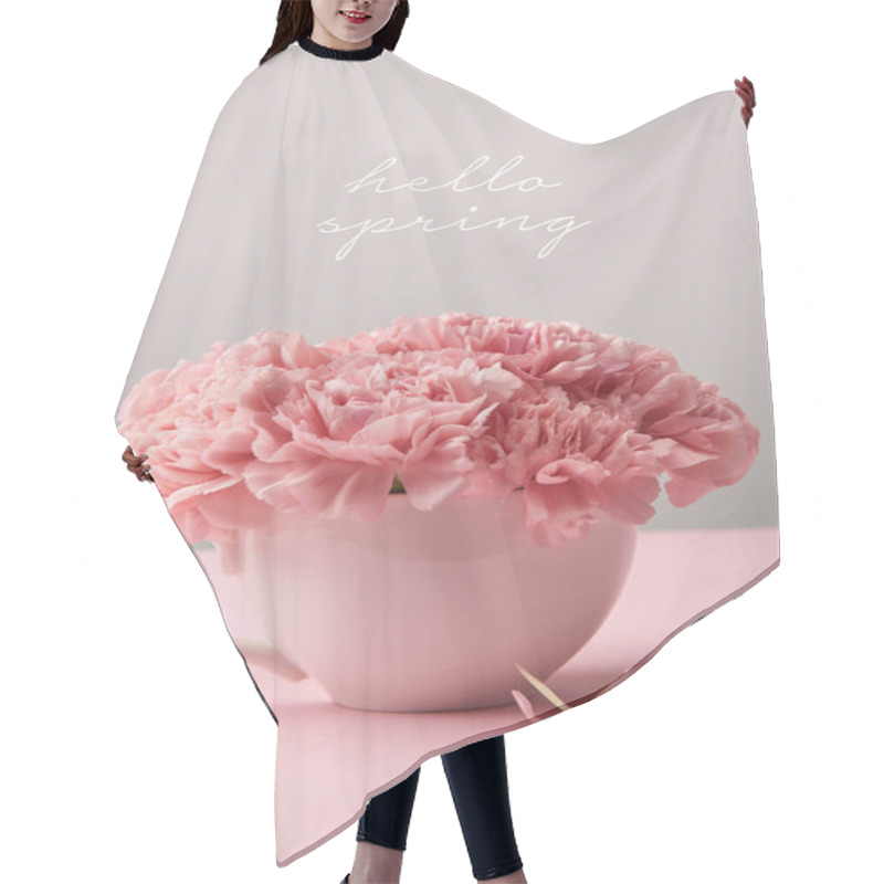 Personality  Pink Carnation Flowers In Cup On Grey Background With Hello Spring Lettering Hair Cutting Cape