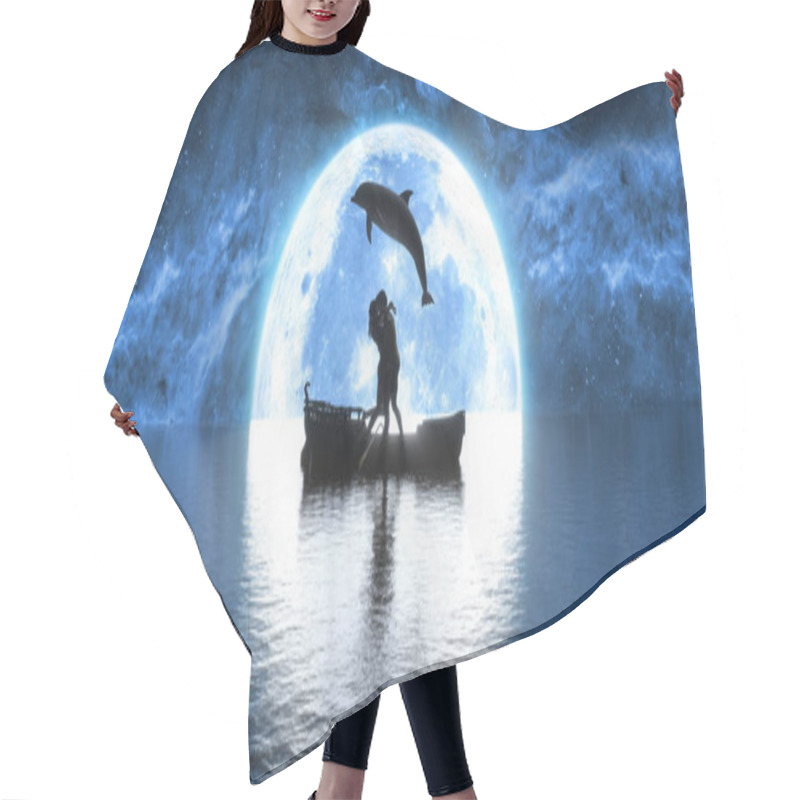 Personality  Dolphin Jumping Over A Boat With Kissing People On The Background Of The Moon, 3d Illustration Hair Cutting Cape