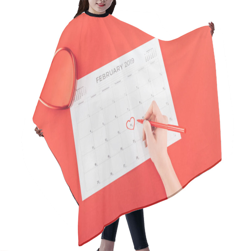 Personality  Cropped View Of Woman Marking With Heart 14th February Date On Calendar Isolated On Red, St Valentines Day Concept Hair Cutting Cape